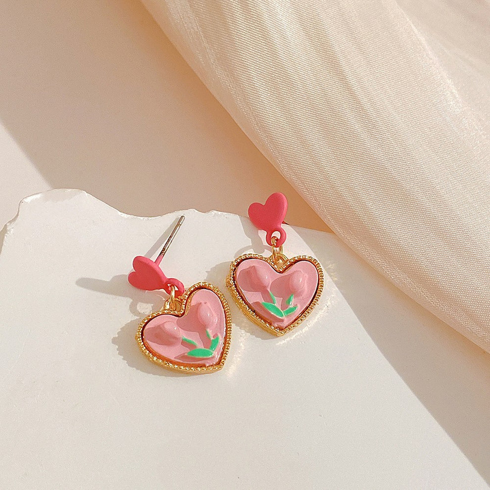 Flower Detail Heart Drop Earrings